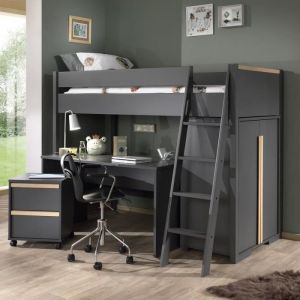 NASH DARK - Pack Combiné Lit Mezzanine 90x200cm + Pack Bureau Complet - Altobuy