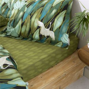 Drap plat en coton DEPAYSANT feuilles tropicales vert bronze
