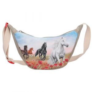 Depesche 13343 Miss Melody Poppy Sand - Petit Sac à bandoulière en Demi-Lune Beige, avec Motif de Chevaux et de Coquelicots, Pochette avec Sangle réglable en Longueur