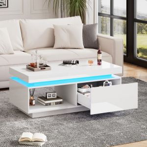 Table basse 100x50x40.3cm design moderne avec tiroir int&eacute;gr&eacute; et LED laqu&eacute; brillant panneau de particules blanc
