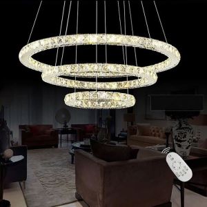YUENFONG Lustre en Cristal Moderne 72W LED 3 Anneaux Plafonnier Lampes avec T&eacute;l&eacute;commande, Lampe Suspendue Cr&eacute;ative(Dimmable, 72W)