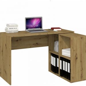 MALOX - Bureau informatique d'angle 2en1 - Bibliothèque Meuble de rangement 4 niches - Table ordinateur multi-rangements Chêne