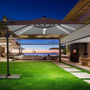 Parasol avec mât décentralisé et bras réglable avec l ière solaire LED 3x3m Paradise Brown Light