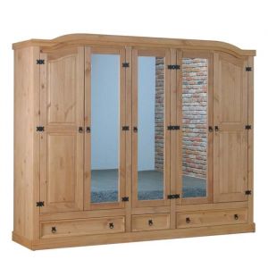 New Mexico Armoire 5 portes avec 3 portes miroirs, 2 portes lambrissées et 3 tiroirs, délavés, cirés.