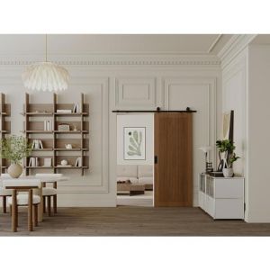 Porte coulissante avec système en applique en MDF et bois naturel foncé - H205 x L83 cm - SANDORA