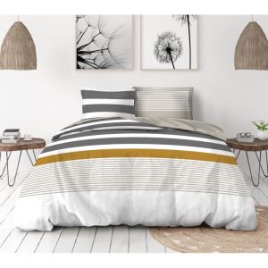Parure de Couette 220x240 cm – 3 pièces – Percale de Coton Douce – Housse + taies – Blanc & Gris Ocre – Modèle La Courtisane