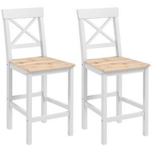Homcom Lot de 2 tabourets de bar - dossier haut et repose-pieds - cadre en bois massif - 41x46x97,5cm - blanc et bois naturel