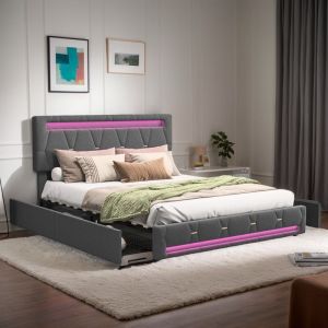 Sureh - Lit 160x200 cm avec tiroirs,lit 2 Personnes avec rangement,&eacute;clairage LED,cadre de lit avec sommier &agrave; lattes,lit coffre LED,gris