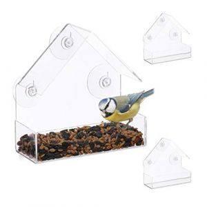Relaxdays Mangeoire à oiseaux fenêtre, en lot de 3, 3 ventouses, Distributeur de graines, Nichoir, hlp : 15x15x7 cm, transparent