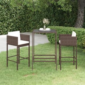 VidaXL Meubles de bar de jardin 3pcs et coussins R&eacute;sine tress&eacute;e Marron - Brun