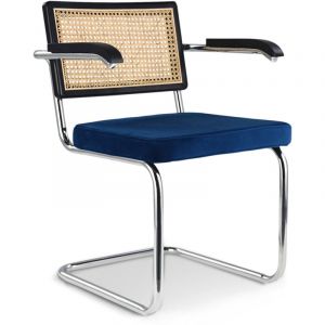 Chaise de salle à manger avec accoudoirs - Tapisserie en velours - Bois et rotin - Hyre Bleu foncé - Rotin, Bois massif, Velours, Métal chromé, Bois