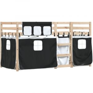 VidaXL Lit superpos&eacute; avec rideaux blanc/noir 90x200 cm bois pin massif, lit, cadre de lit, lit superpos&eacute; bas, meuble de chambre &agrave; coucher