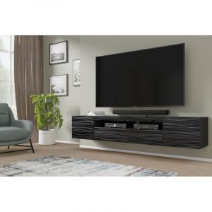 Bim Furniture - Meuble tv aura Noir Sahara 200x37x42 cm, Suspendu ou sur Pieds, Meuble tv Universel, Lowboard avec Rangement, Ouverture pour c&acirc;bles,