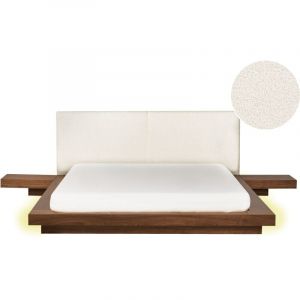 Beliani Lit Japonais avec led Tête de Lit Bouclé et 2 Tables de Nuit 160 x 200 cm Marron Zen
