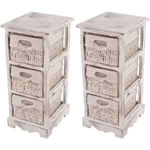 Décoshop26 Lot de 2 petites commodes avec 3 paniers de rangement 58x25x28 cm en bois blanc vieilli 040000480