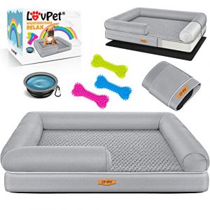 Lovpet - Lit orthopédique pour chien, Ecuelle + 3X os à mâcher inclus, Canapé pour chiens de petite, moyenne et grande taille, Housse amovible, Gris