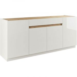 Buffet 4 portes 1 tiroir laqu&eacute; blanc plateau et d&eacute;tail fa&ccedil;ade aspect bois finition Cadiz - FANASY