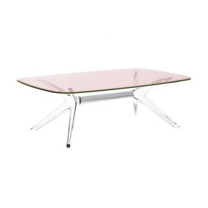 Kartell Table Basse Blast Avec Plateau Rectangulaire (Plateau Rose, Structure Cristal Et Chrome - Base En Technoploymère Et Plateau En Cristal Stratifié)