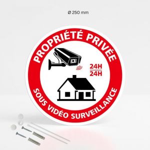 Signaletique.biz France - Propri&eacute;t&eacute; priv&eacute;e sous video surveillance 24h/24 panneau de signalisation rond en pvc rigide pr&eacute;perc&eacute; avec kit de fixation