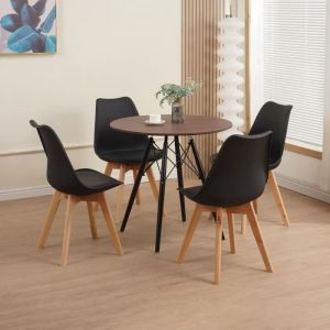 M&S Ensemble repas table ronde effet noyer + 4 chaises noires - scandi