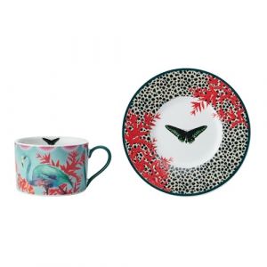 Mikasa X Sarah Arnett Tasse et Soucoupe, Set de Tasse à Thé et Soucoupe en Porcelaine, Mug à Offrir, Imprimé Papillon, 250 ml - lavable au lave-Vaisselle
