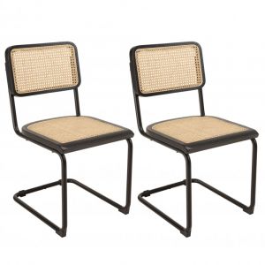 Macabane Pierre - Lot de 2 chaises assise bois noir/rotin naturel pieds métal