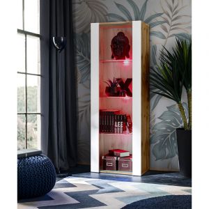 Vitrine Armoire Tivoli, Blanc/Wotan, Largeur 55cm x Hauteur 159cm x Profondeur 35cm, led rgb, 3 &eacute;tag&egrave;res, pour Salon, Chambre, Entr&eacute;e - Komodee