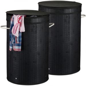 Relaxdays Panier à linge bambou, lot de 2, pliable, Corbeille à linge ronde, 65 l, Sac à linge, ø 40 cm, noir