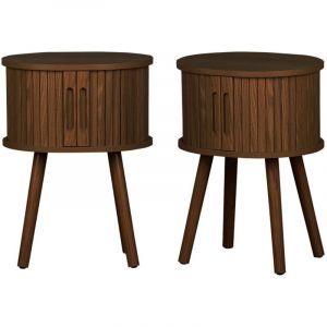 Lot de 2 tables de chevet ovale 2 portes coulissantes poign&eacute;es creus&eacute;es. effet bois rainur&eacute;. L40 x l34 x H54.8cm