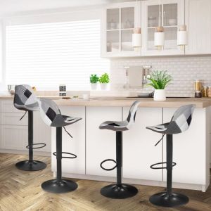 Idmarket Lot de 4 tabourets de bar KARL design patchworks noirs, gris et blancs pied noir