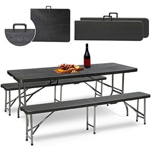 Sekey Ensemble Table de Pique Nique Pliable 180 cm - Meuble de Jardin Bancs à Bière et Table à Bière - 3 Pièces - Noir