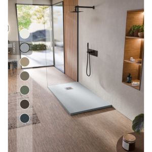 BELLOBATH - Receveur de douche en r&eacute;sine antid&eacute;rapante - Texture ardoise douce -Avec la bonde et la grille comprises - Ciment - 80 X 150 cm