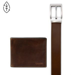 Fossil Men Coffret Cadeau Portefeuille À Deux Volets Derrick Et Ceinture Marron - One size