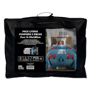 Soleil d'Ocre Ensemble Couette et Parure 5 Pi&egrave;ces Pompiers Bleu pour lit en 90x190 cm