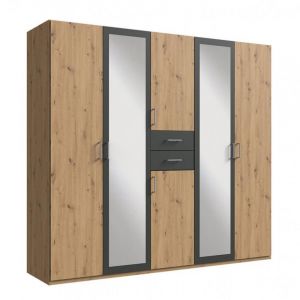 Wimex Armoire 4 portes chênes artisans 2 portes miroirs DIVER 225 cm 2 tiroirs graphites