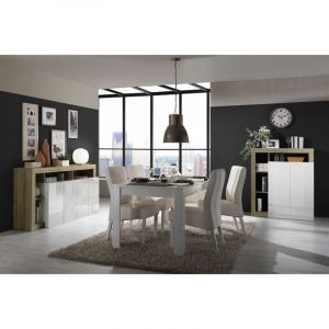 ARTURO - S&eacute;jour Complet Table + Buffet 4P Blanc Laqu&eacute; Niches Aspect Bois Cadiz