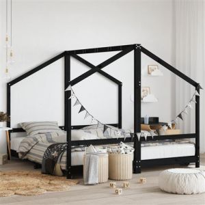 VidaXL Cadre de Lit pour Enfants, Lit Double pour Enfants, Lit de Maison de Chambre Intérieur, Moderne, Noir 2x(90x190) cm Bois de Pin Massif
