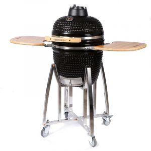 Monster shop Barbecue Charbon de Bois Kamado, BBQ C&eacute;ramique Noir 53,3cm avec Poign&eacute;e en Bois, Thermom&egrave;tre Int&eacute;gr&eacute;, Ventilation Sup&eacute;rieure & Inf&eacute;rieure, Ext&eacute;rieur