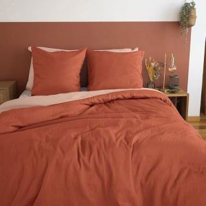 Parure de lit Effet Gaze de Coton 220x240 cm  - Housse de Couette 220x240 cm + 2 Taies d'oreiller 63x63 cm bi-matière rouge
