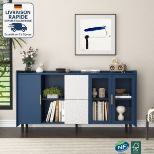 Buffet contemporain, meuble de rangement 140 cm avec 2 tiroirs, 2 niches ouvertes, 2 portes vitrées - bleut