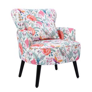 Fauteuil HOMEMIYN individuel, tissu imitation lin motif fleurs orange, style moderne, confortable