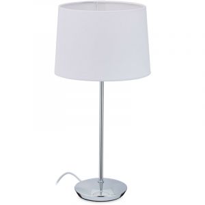 Relaxdays Lampe de table avec abat-jour, pied chromé, douille 14, salon et chambre à coucher, veilleuse de nuit, blanc.