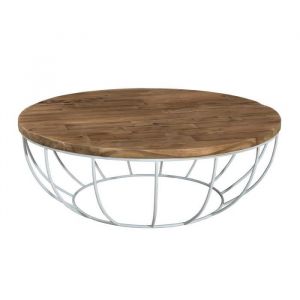 Table b e ronde style industriel en bois teck + pieds en m&eacute;tal et coque blanc &Oslash; 100 cm