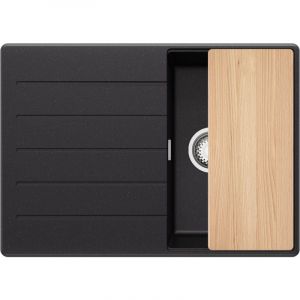 Primagran - Evier Cuisine en Granit Noir Métallisé 70x50cm, Lavabo 1 bac + Kit de Vidage + Planche à Découper, Évier à Encastrer au meuble 40cm - Top
