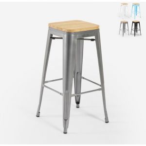 Tabouret haut en m&eacute;tal Tolix pour cuisine-bar, plateau en bois Steel Up Wood gris