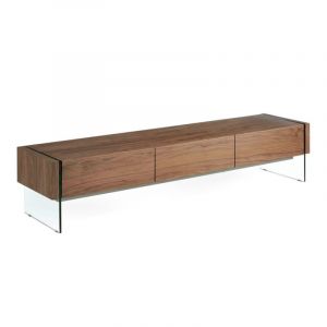 Meuble TV placage noyer et verre avec 3 tiroirs