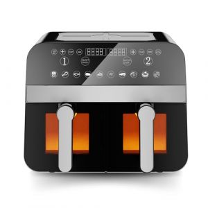 Comfy Nest, CNAFD45WB, Friteuse &agrave; air chaud, Air Fryer, num&eacute;rique double panier 2400W avec fen&ecirc;tre 9L, cuisson saine et rapide, design moderne, id&eacute;ale pour toute cuisine - Gris et Noir