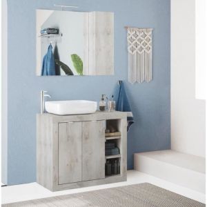 Tbs ROME Ensemble Meuble salle de bain L 92 + vasque + 2 Portes + 3 niches - Coloris chêne Pin Clair