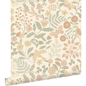 Estahome - papier peint fleurs et oiseaux beige, vert et rose clair