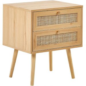 Beliani Table de chevet en Rotin Bois Clair Table de Nuit Boho 2 Tiroirs Cadre Robuste Perote